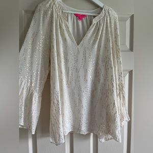 Lilly Pulitzer Coconut White Gold Clip Dot Blouse Sz L EUC